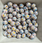 Blue/Yellow Leafs Print Silicone Beads - 10 Per Bag