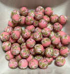 Pink/Green Flower Print Silicone Beads - 10 Per Bag