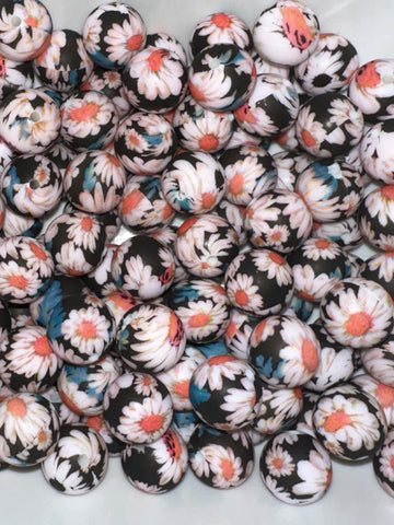 Flower Print Silicone Beads - 10 Per Bag